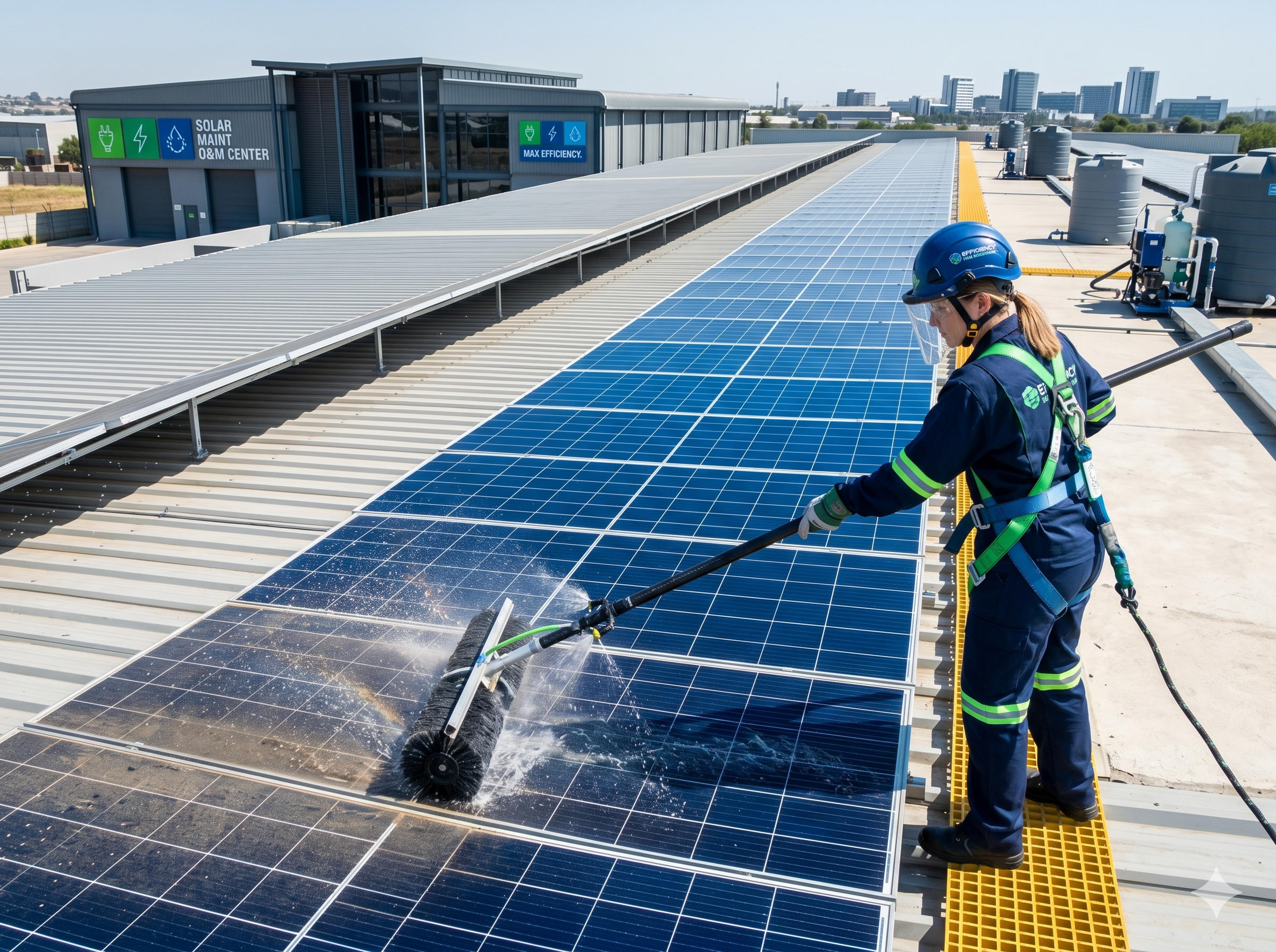 Pulizia e manutenzione moduli fotovoltaici su impianto industriale